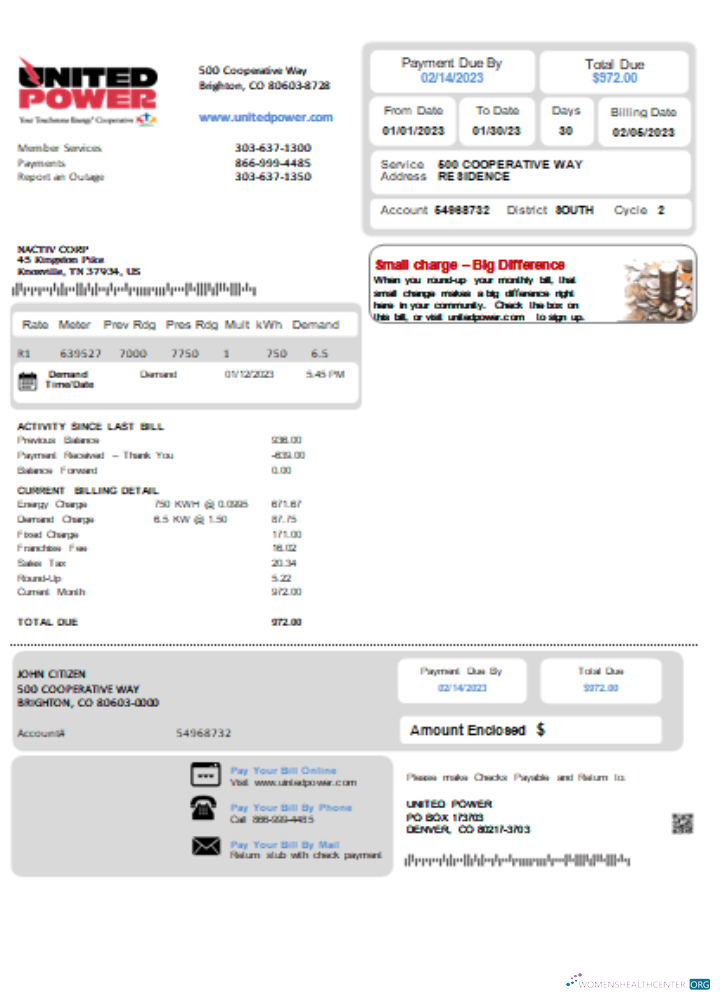 Download Colorado United Power utility business bill SCR Photoshop template
